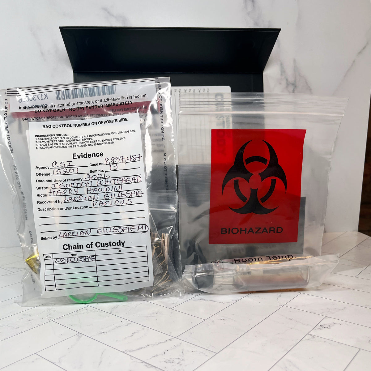 A SECRET SERUM sample in a biohazard bag, beside an evidence bag with chain-of-custody details.